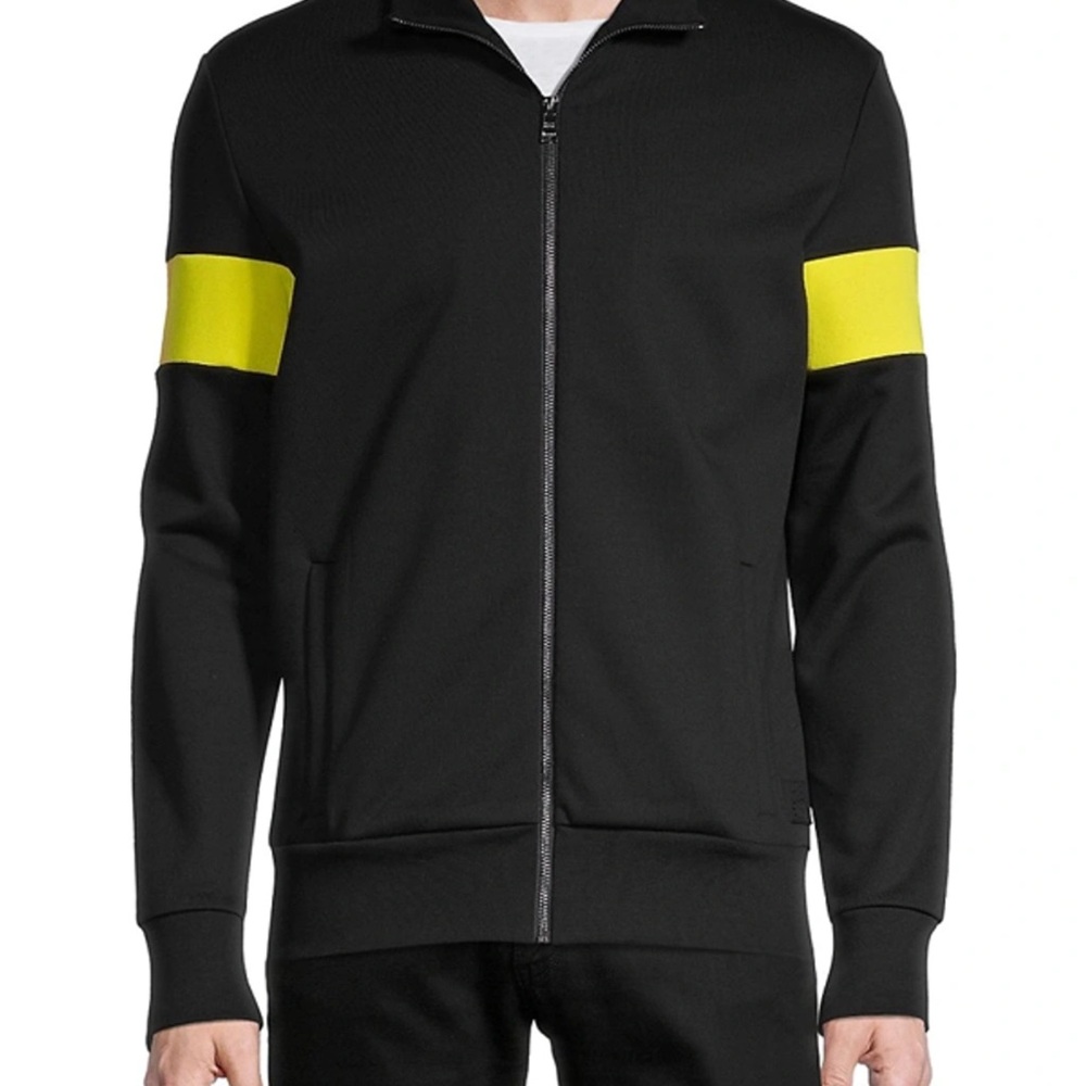 BOSS Men's Black Jacket with Yellow Sleeve Stripe